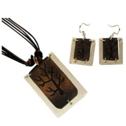 Silver And Antique Copper Engraved Tree Necklace And Earring Set
