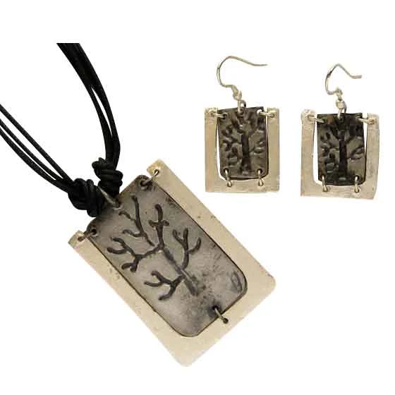 Antiqued Silver Engraved Tree Necklace And Earring Set 3 Antiqued Silver Engraved Tree Necklace And Earring Set
