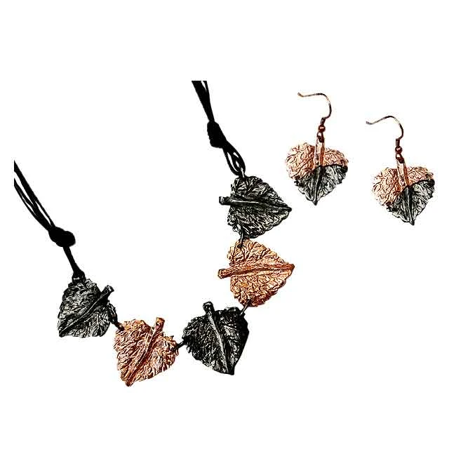 Copper And Antique Silver Round Leaves Necklace And Earring Set 3 Copper And Antique Silver Round Leaves Necklace And Earring Set