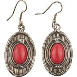 Red Coral Silver Oval Earrings