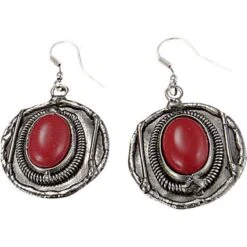 Red Coral Silver Round Earrings