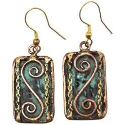 Brass And Copper Swirl Earrings With Patina