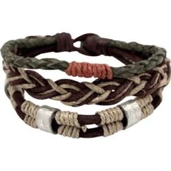 Green And Brown Leather Jute Viking Bracelet Set