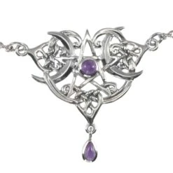 Silver Crescent Heart Pentacle Necklace With Amethyst Accents