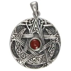 Silver Moon Pentacle Pendant With Garnet Accent