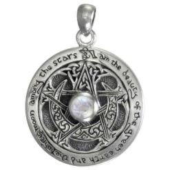 Inscribed Silver Crescent Moon Pentacle Pendant With Rainbow Moonstone Accent