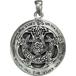 Inscribed Silver Crescent Moon Pentacle Pendant