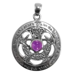 Large Silver Cut Out Moon Pentacle Pendant With Amethyst Accent
