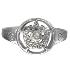 Silver Crescent Moon Pentacle Ring With Rainbow Moonstone Accent