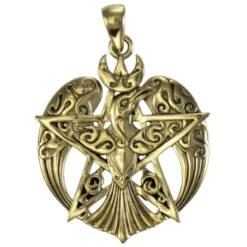 Large Bronze Crescent Raven Pentagram Pendant