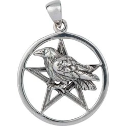Raven Perched On Silver Pentacle Pendant