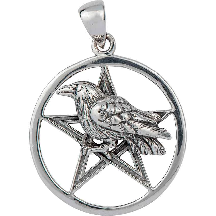 Raven Perched On Silver Pentacle Pendant 3 Raven Perched On Silver Pentacle Pendant