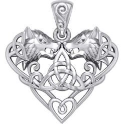 Silver Wolves With Celtic Triquetra In Heart Pendant