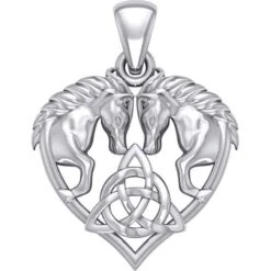 Silver Horses With Celtic Triquetra In Heart Pendant