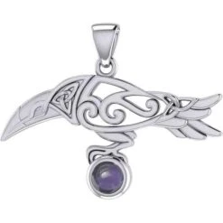 Sterling Silver Raven With Gemstone Pendant