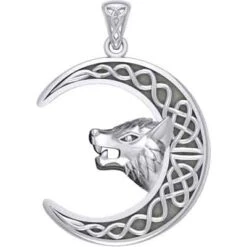 Silver Celtic Moon And Wolf Head Pendant
