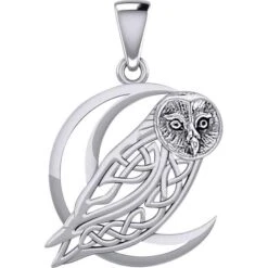 Silver Celtic Owl On Moon Pendant