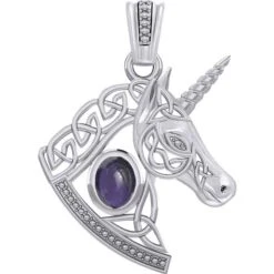 Silver Celtic Unicorn With Gemstone Pendant