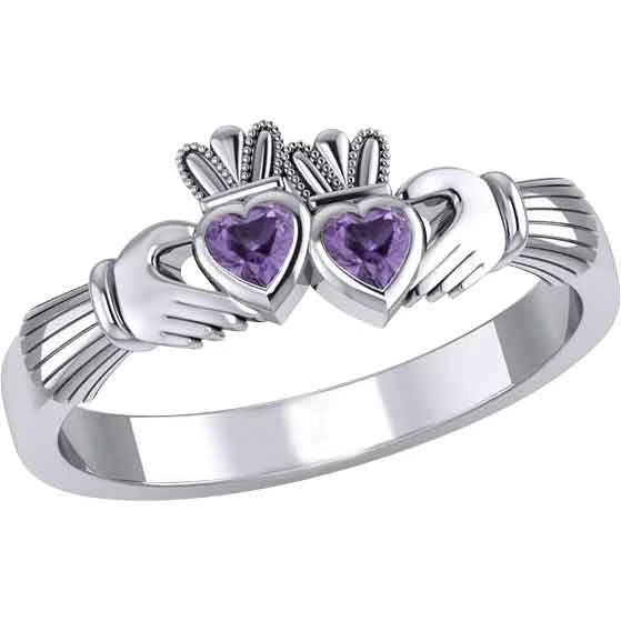 Silver Double Claddagh With Gemstone Ring 7 Silver Double Claddagh With Gemstone Ring - Image 5