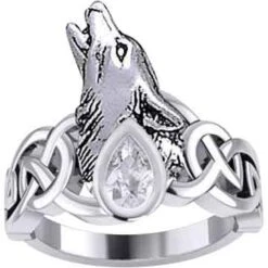 Silver Celtic Wolf With Gemstone Ring -Chic Jewelry Store PS TRI2167 6