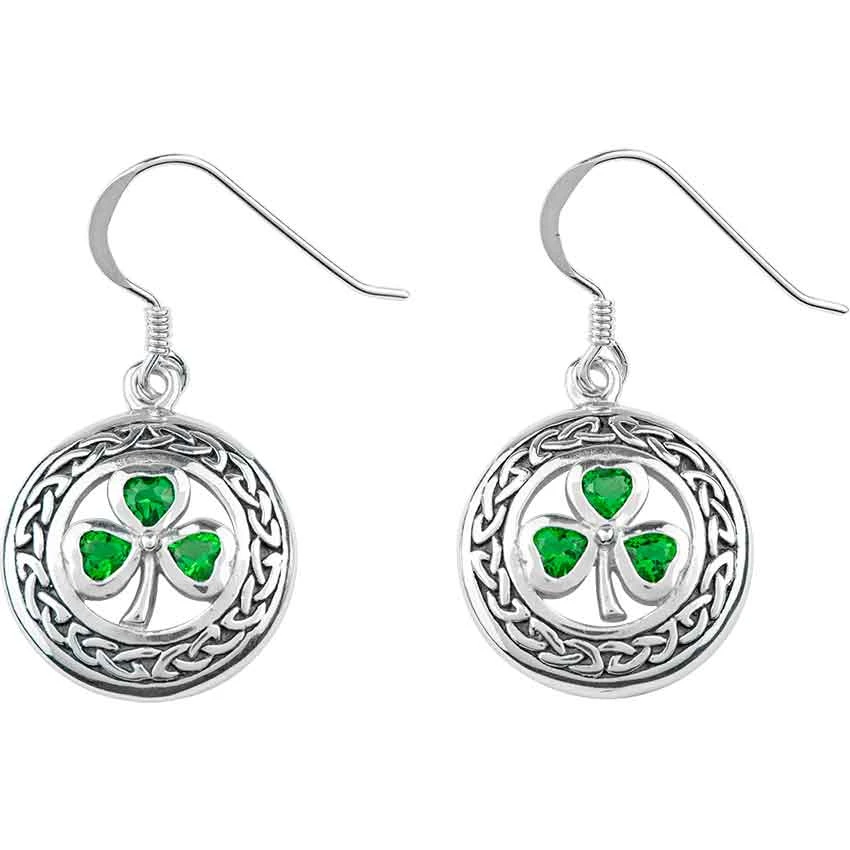 White Bronze Shamrock Gem Dangle Earrings 3 White Bronze Shamrock Gem Dangle Earrings