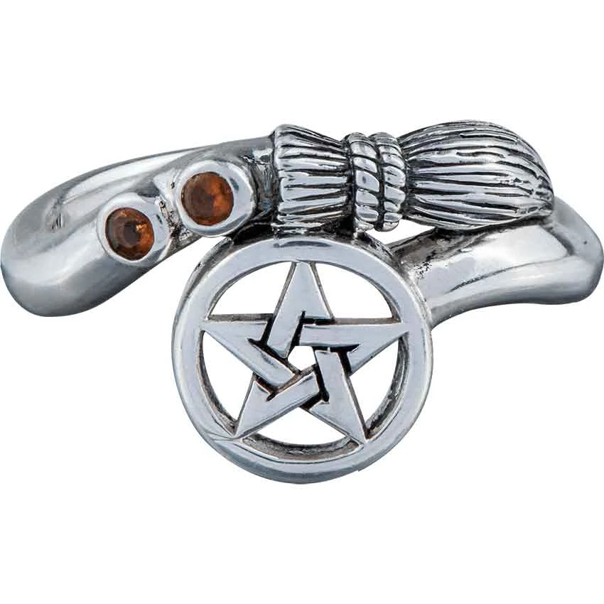 White Bronze Curved Broomstick Pentacle Ring 3 White Bronze Curved Broomstick Pentacle Ring